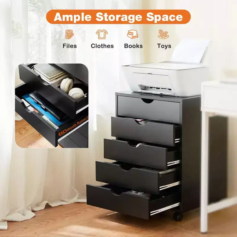 Cassettiere moderne per archiviazione Okak con cassetti in legno e ruote, armadietto per archiviazione per ufficio a casa, scrivania da studio