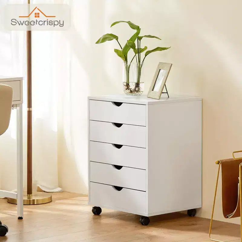 Cassettiere moderne per archiviazione Okak con cassetti in legno e ruote, armadietto per archiviazione per ufficio a casa, scrivania da studio
