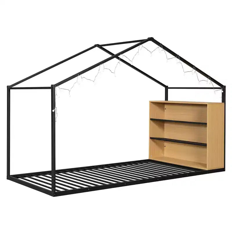 Letto in metallo a forma di casetta con scaffali e luci LED Luxystar, misura matrimoniale