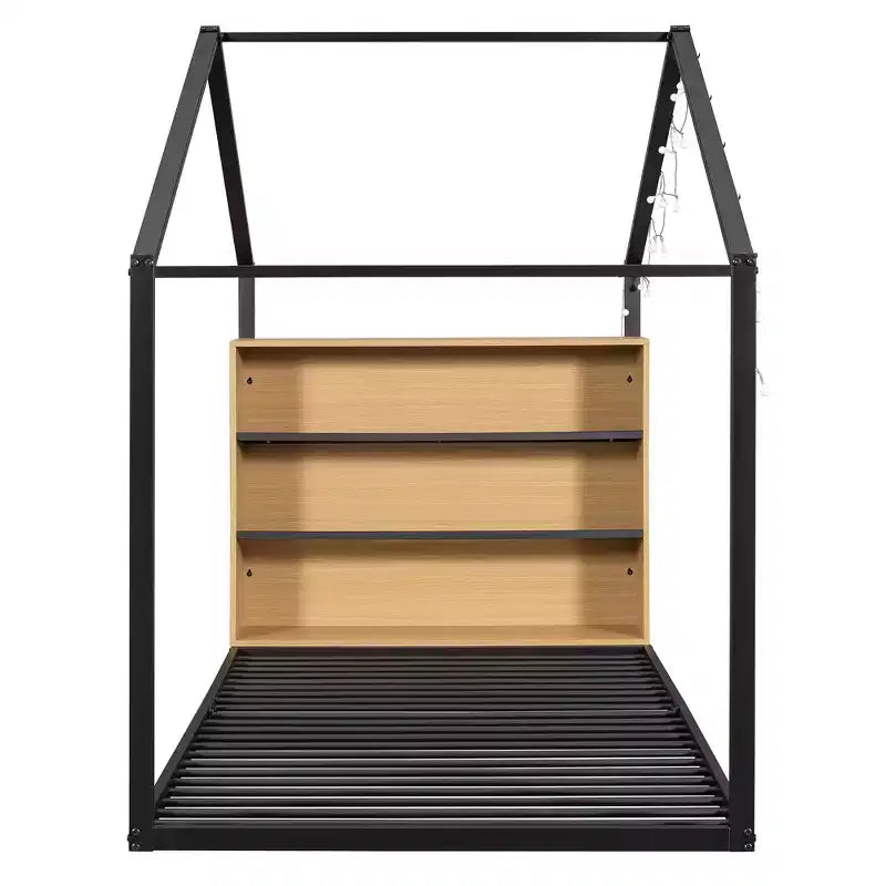 Letto in metallo a forma di casetta con scaffali e luci LED Luxystar, misura matrimoniale