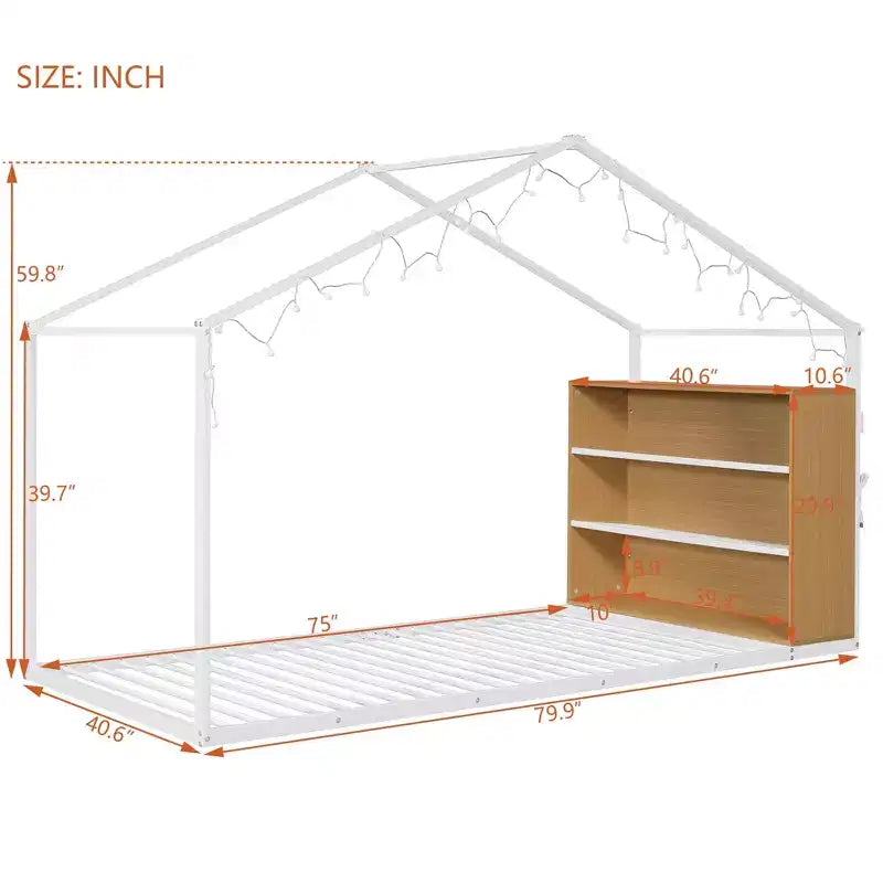 Letto in metallo a forma di casetta con scaffali e luci LED Luxystar, misura matrimoniale