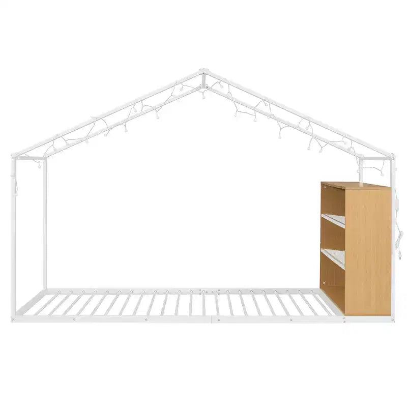 Letto in metallo a forma di casetta con scaffali e luci LED Luxystar, misura matrimoniale