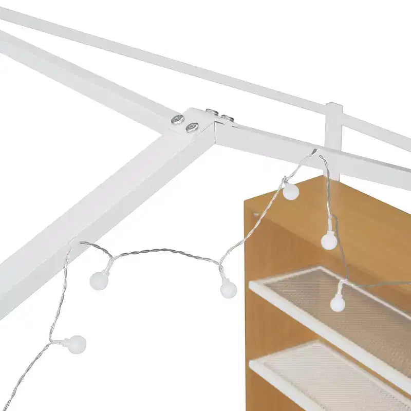 Letto in metallo a forma di casetta con scaffali e luci LED Luxystar, misura matrimoniale