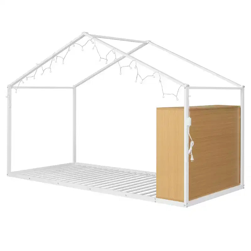 Letto in metallo a forma di casetta con scaffali e luci LED Luxystar, misura matrimoniale