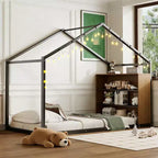 Luxystar Twin Size Metal House Bed with Shelves and LED Lights