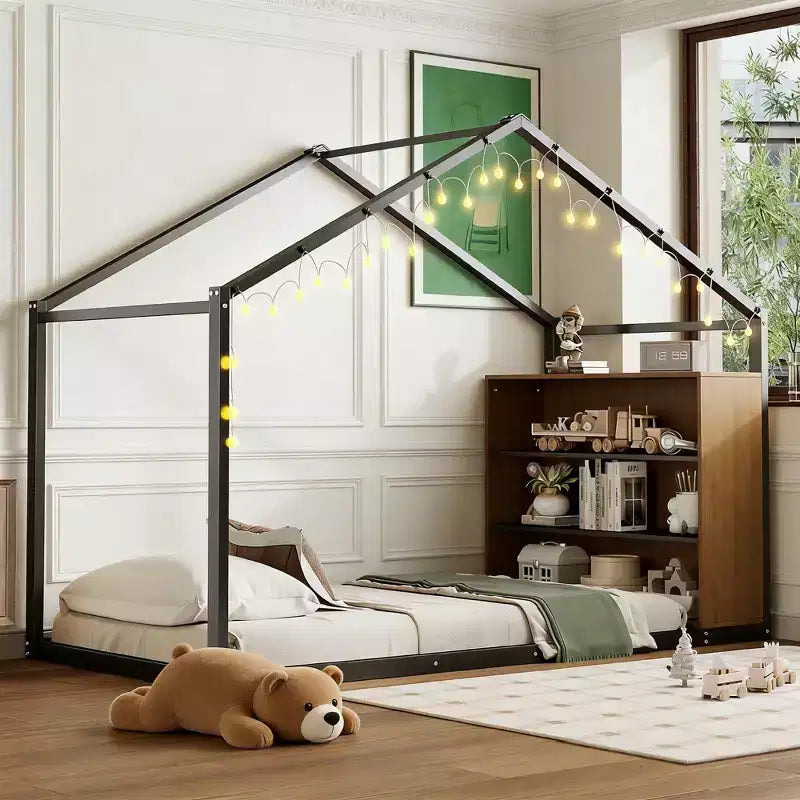 Luxystar Twin Size Metal House Bed with Shelves and LED Lights