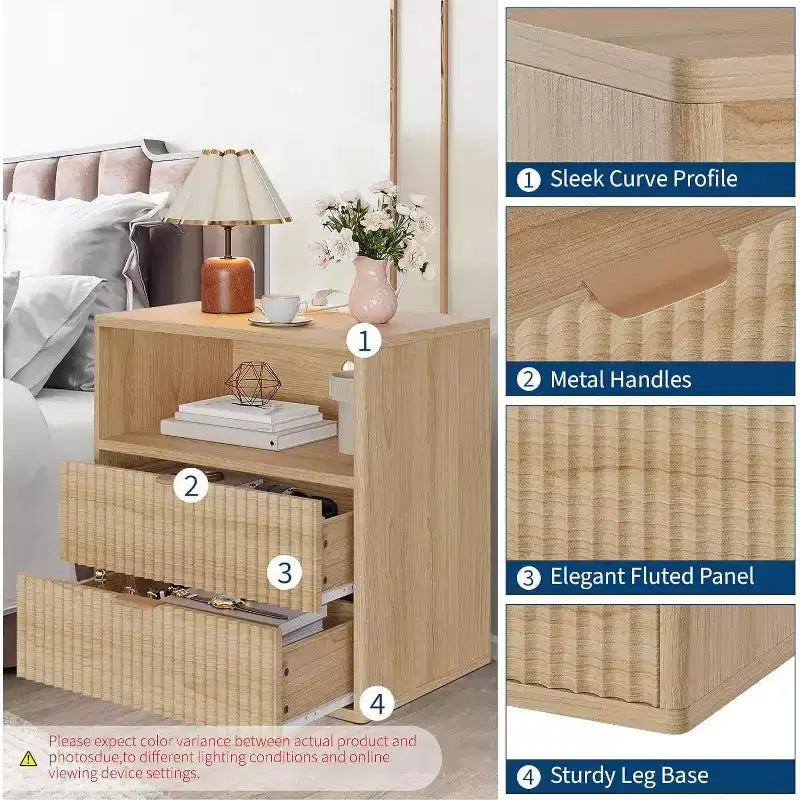 Comodino Acekool Fluted Farmhouse con Stazione di Ricarica, Tavolino Moderno di Metà Secolo da 23" con 2 Cassetti e Ripiano Aperto