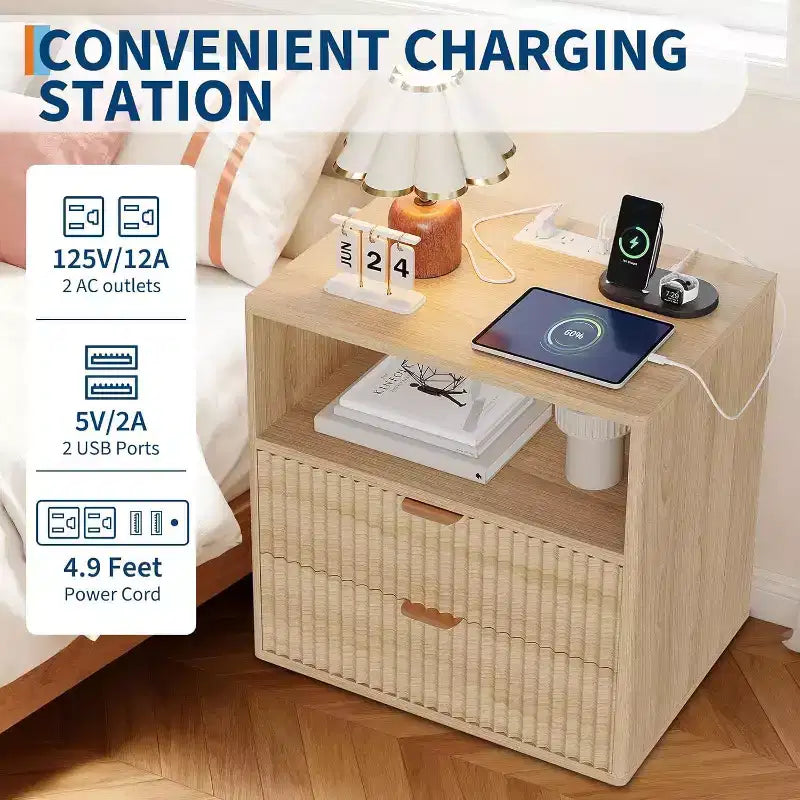 Comodino Acekool Fluted Farmhouse con Stazione di Ricarica, Tavolino Moderno di Metà Secolo da 23" con 2 Cassetti e Ripiano Aperto
