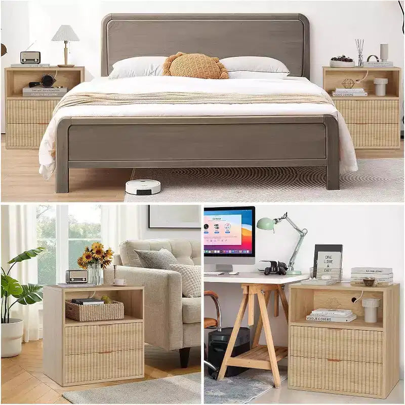 Comodino Acekool Fluted Farmhouse con Stazione di Ricarica, Tavolino Moderno di Metà Secolo da 23" con 2 Cassetti e Ripiano Aperto