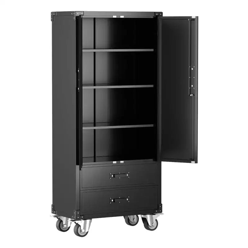Armadio Metallico Nero per Deposito con Ruote da 67 pollici, Armadio da Garage con 2 Cassetti + 4 Ripiani Regolabili, Armadietto Portautensili con Ante Bloccabili per Officina, Ufficio