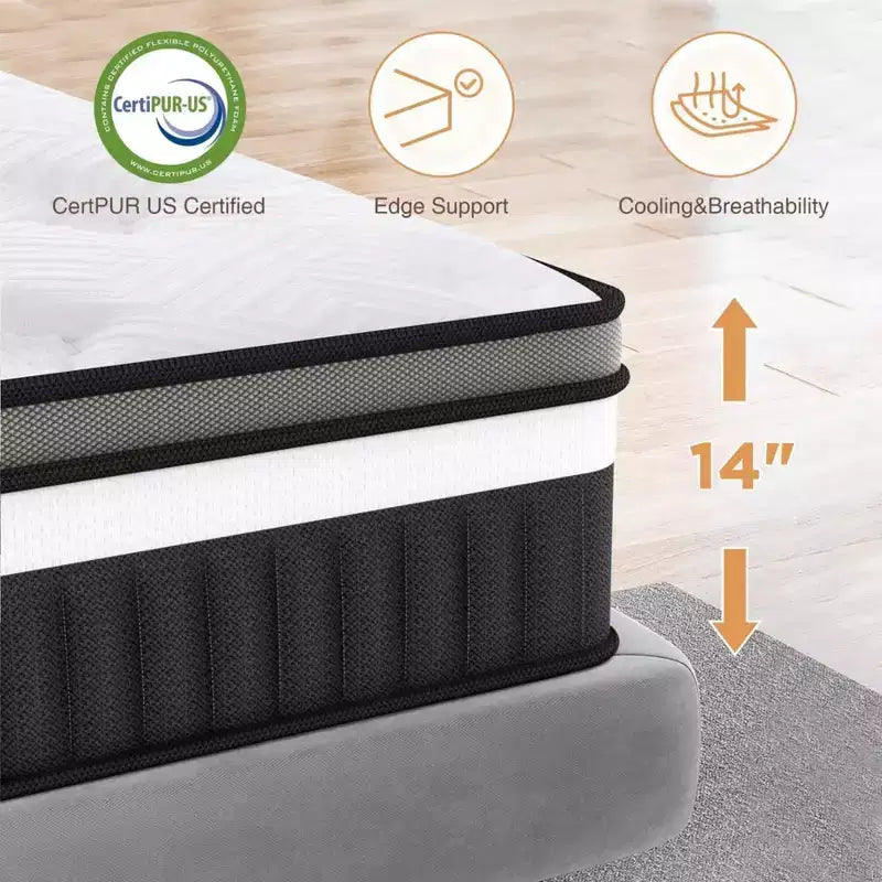 14 King Mattress, Memory Foam Hybrid Mattress - Medium Firm Gel Infused, Cooling & Breathable, Pressure Relief, Motion Isolation