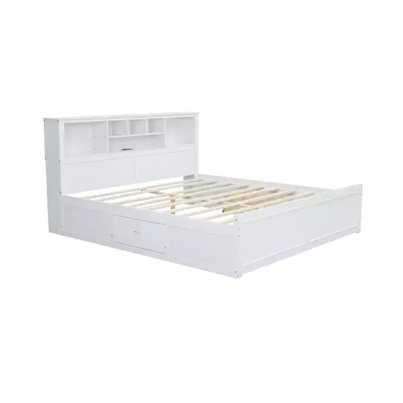 Clihome King Size Wood Platform Bed with Multi-storage Headboard, USB and Drawers