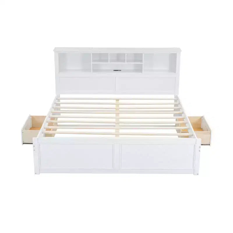 Clihome King Size Wood Platform Bed with Multi-storage Headboard, USB and Drawers