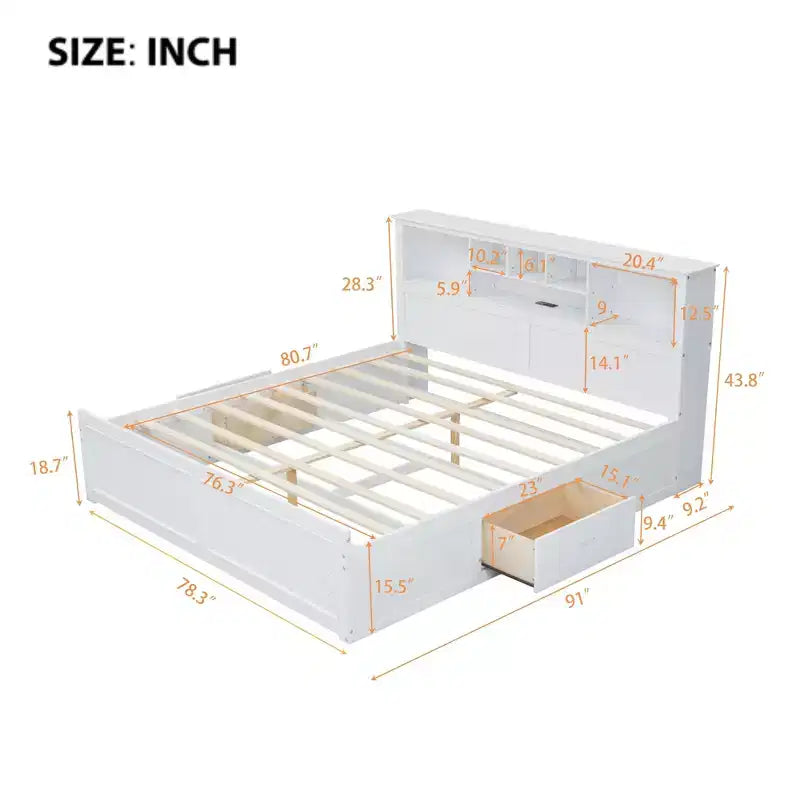 Clihome King Size Wood Platform Bed with Multi-storage Headboard, USB and Drawers