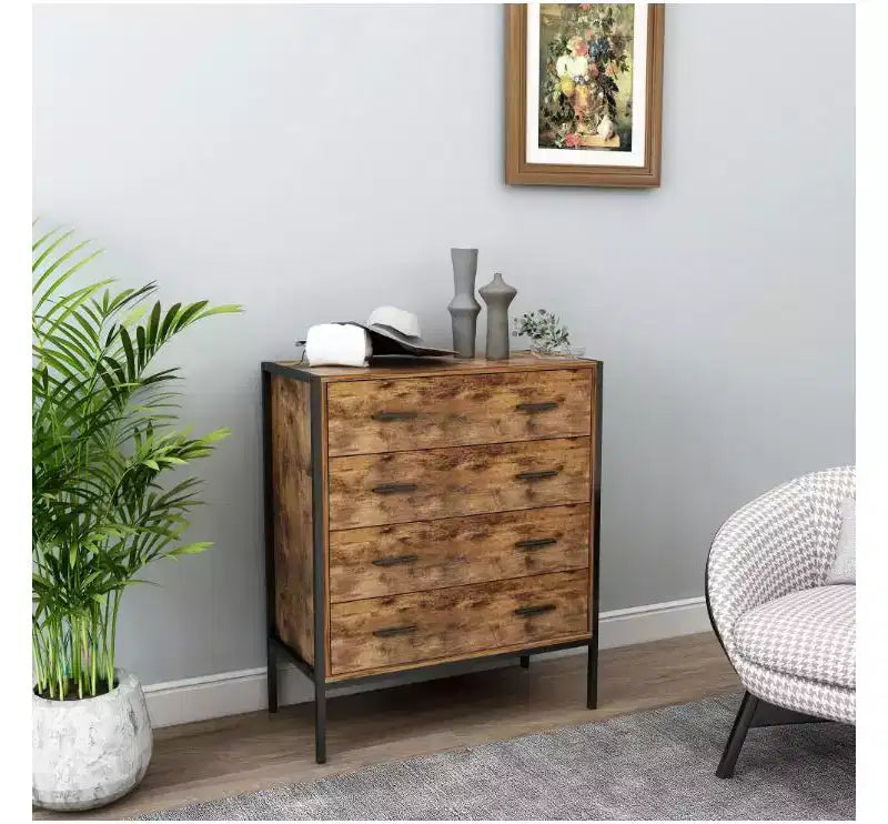 Cassettiera a 4 cassetti in MDF stile industriale, organizer contenitore in legno rustico marrone con robusta struttura in acciaio