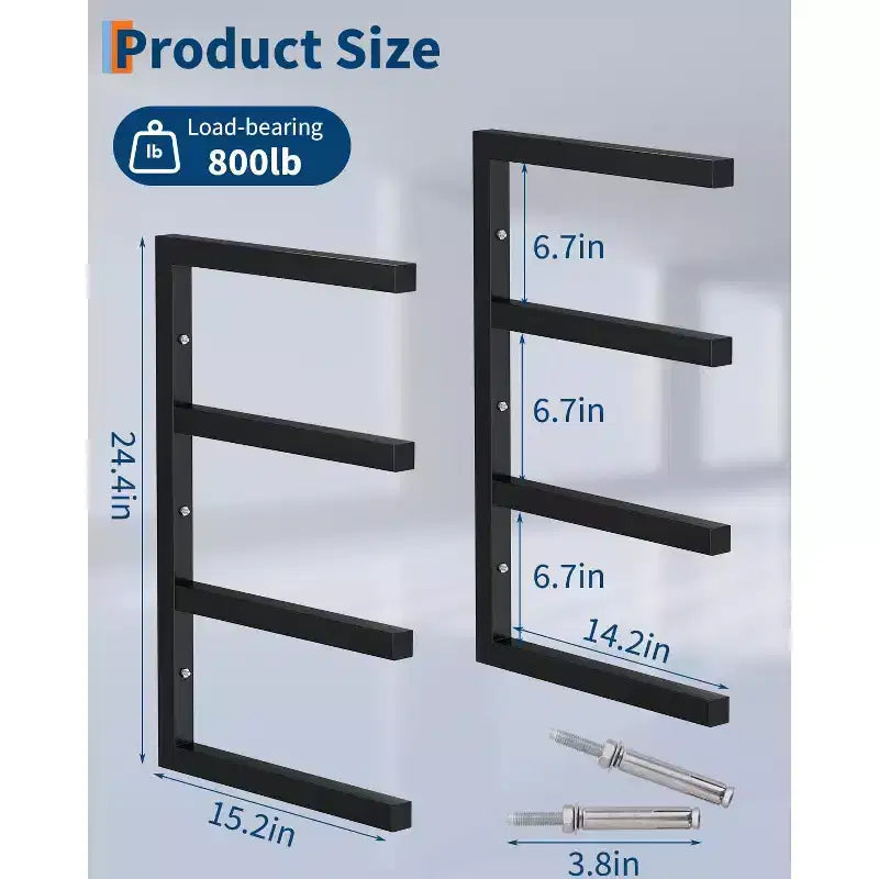 Lumber Storage Rack, Wood Organizer  Set of 4 4-Tier Wall Mount Heavy Duty Steel Shelves 1600LBS Capacity for Shed Workshop Garage Black
