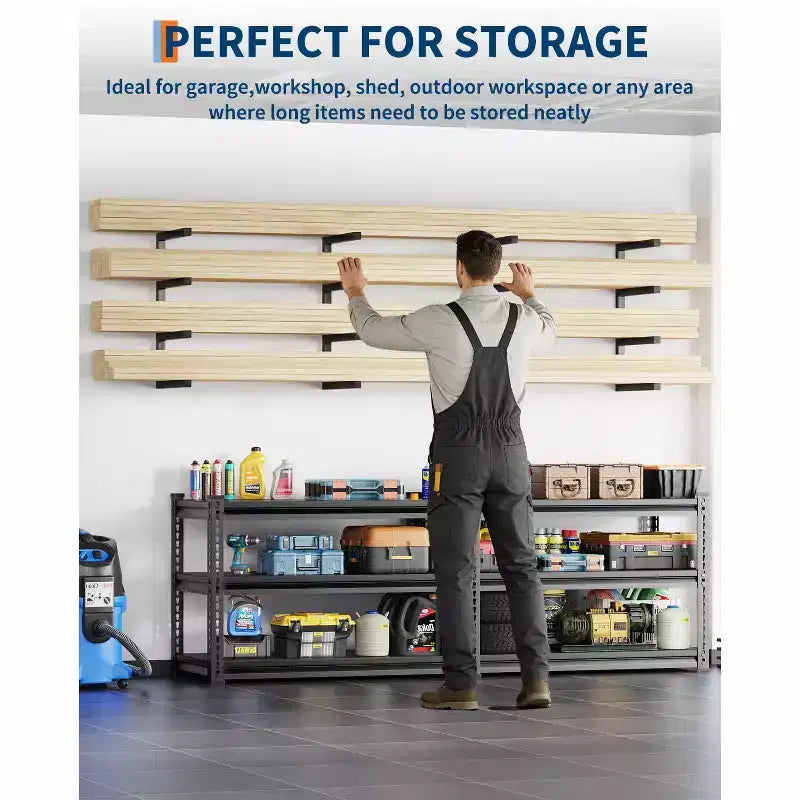 Lumber Storage Rack, Wood Organizer  Set of 4 4-Tier Wall Mount Heavy Duty Steel Shelves 1600LBS Capacity for Shed Workshop Garage Black