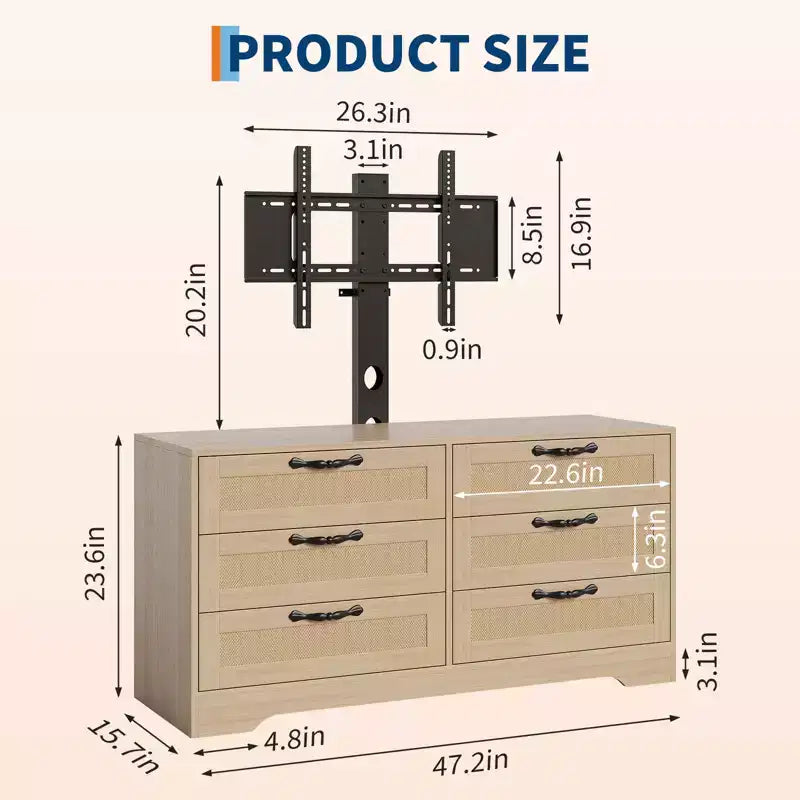 Mobile porta TV con supporto 47.2 Moderno Centro Intrattenimento, Cassettiera in Rattan a 6 Cassetti per TV da 32-85 Pollici, Consolle Multimediale con Contenitore per Soggiorno