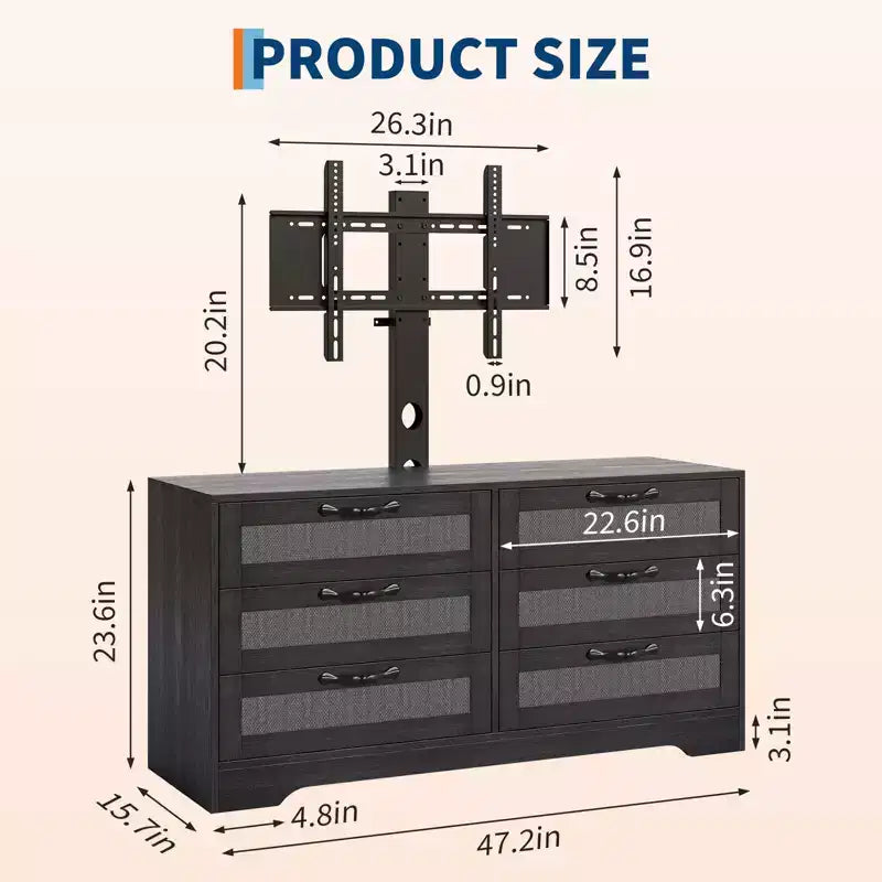 Mobile porta TV con supporto 47.2 Moderno Centro Intrattenimento, Cassettiera in Rattan a 6 Cassetti per TV da 32-85 Pollici, Consolle Multimediale con Contenitore per Soggiorno