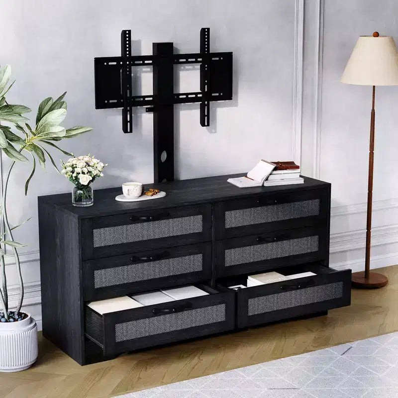 Mobile porta TV con supporto 47.2 Moderno Centro Intrattenimento, Cassettiera in Rattan a 6 Cassetti per TV da 32-85 Pollici, Consolle Multimediale con Contenitore per Soggiorno