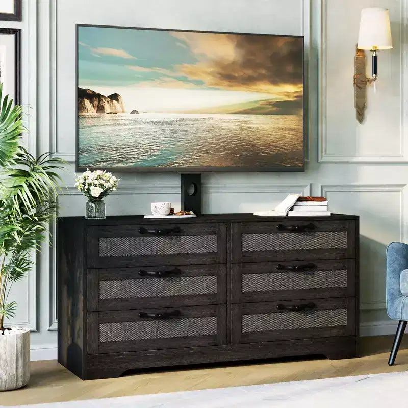 TV Stand with Mount  47.2 Modern Entertainment Center, 6-Drawer Rattan Dresser for 32-85 Inch TVs, Media Console Table with Storage for Living Room
