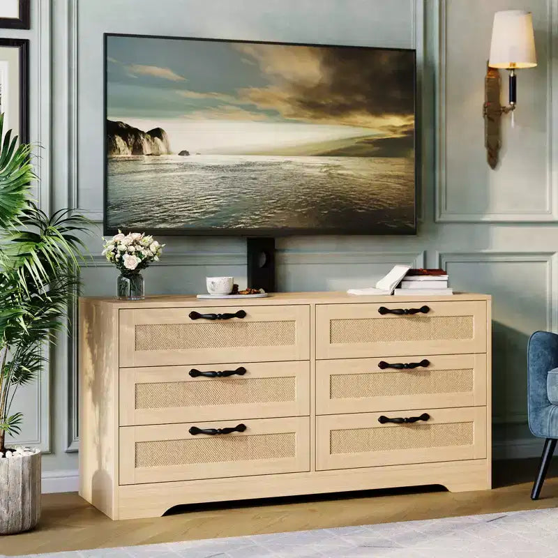 Mobile porta TV con supporto 47.2 Moderno Centro Intrattenimento, Cassettiera in Rattan a 6 Cassetti per TV da 32-85 Pollici, Consolle Multimediale con Contenitore per Soggiorno