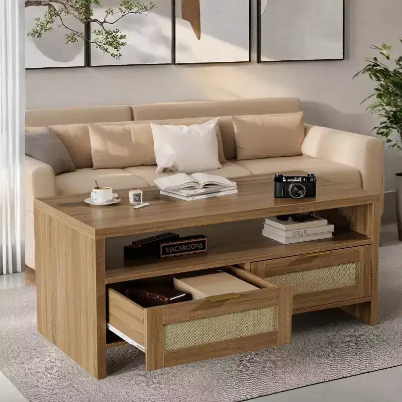 Brown 40 Boho Coffee Table Set (2-Pack) C Rattan Storage Console Tables for Living Room/Farmhouse