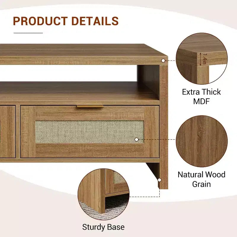Brown 40 Boho Coffee Table Set (2-Pack) C Rattan Storage Console Tables for Living Room/Farmhouse