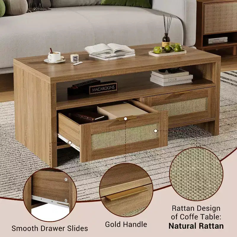 Brown 40 Boho Coffee Table Set (2-Pack) C Rattan Storage Console Tables for Living Room/Farmhouse