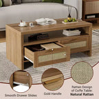 Brown 40 Boho Coffee Table Set (2-Pack) C Rattan Storage Console Tables for Living Room/Farmhouse