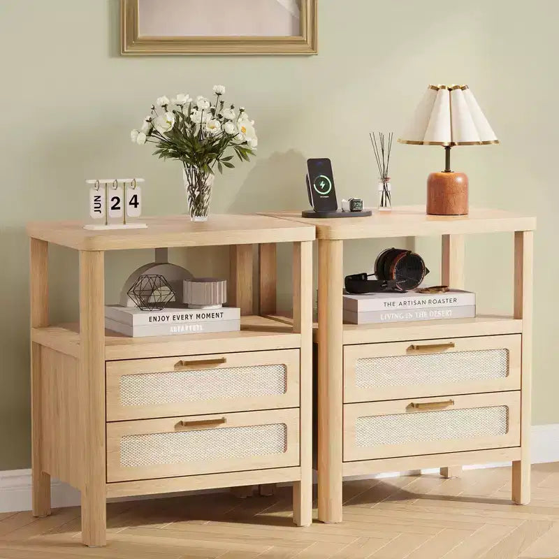 Set di 2 comodini Oak 20 a 2 ripiani con cassetto e mensola per camera da letto