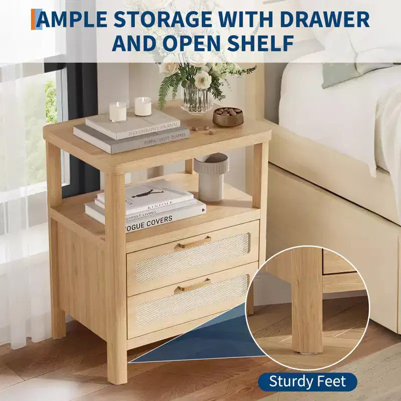 Set di 2 comodini Oak 20 a 2 ripiani con cassetto e mensola per camera da letto