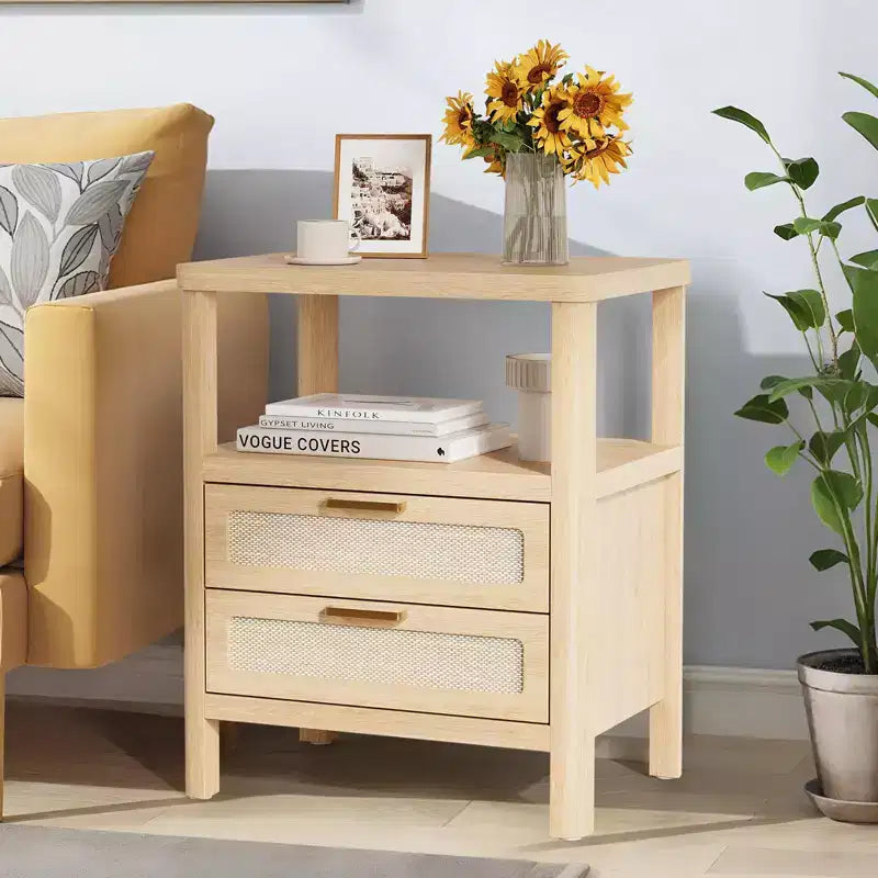 Set di 2 comodini Oak 20 a 2 ripiani con cassetto e mensola per camera da letto