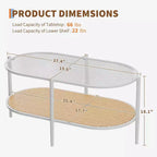 Boho Rattan Coffee Table with Glass Top,Oval 2-Tier Center Table with Metal Frame & Lower Storage Shelf,Rustic Farmhouse Accent Table for Living Room