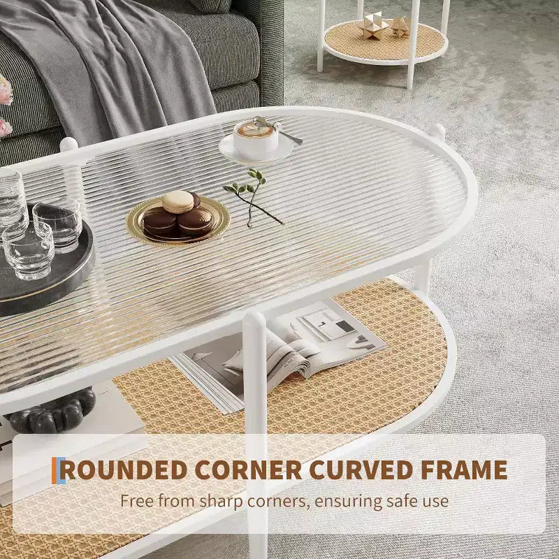 Boho Rattan Coffee Table with Glass Top,Oval 2-Tier Center Table with Metal Frame & Lower Storage Shelf,Rustic Farmhouse Accent Table for Living Room