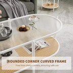 Boho Rattan Coffee Table with Glass Top,Oval 2-Tier Center Table with Metal Frame & Lower Storage Shelf,Rustic Farmhouse Accent Table for Living Room