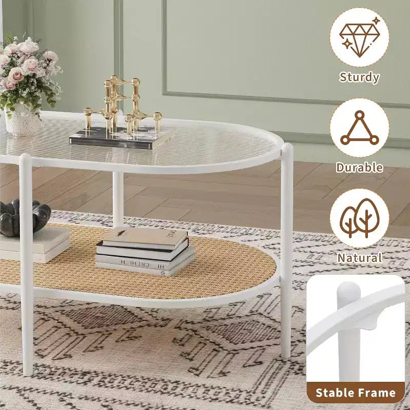 Boho Rattan Coffee Table with Glass Top,Oval 2-Tier Center Table with Metal Frame & Lower Storage Shelf,Rustic Farmhouse Accent Table for Living Room