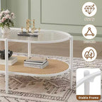 Boho Rattan Coffee Table with Glass Top,Oval 2-Tier Center Table with Metal Frame & Lower Storage Shelf,Rustic Farmhouse Accent Table for Living Room