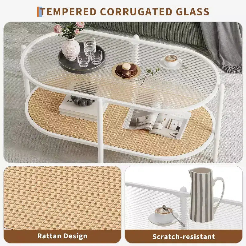 Boho Rattan Coffee Table with Glass Top,Oval 2-Tier Center Table with Metal Frame & Lower Storage Shelf,Rustic Farmhouse Accent Table for Living Room