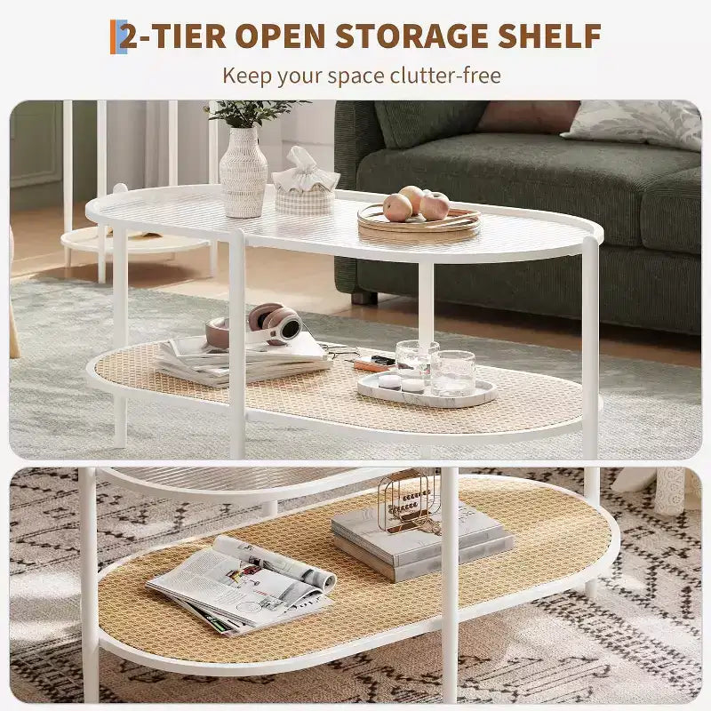 Boho Rattan Coffee Table with Glass Top,Oval 2-Tier Center Table with Metal Frame & Lower Storage Shelf,Rustic Farmhouse Accent Table for Living Room