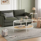 Boho Rattan Coffee Table with Glass Top,Oval 2-Tier Center Table with Metal Frame & Lower Storage Shelf,Rustic Farmhouse Accent Table for Living Room