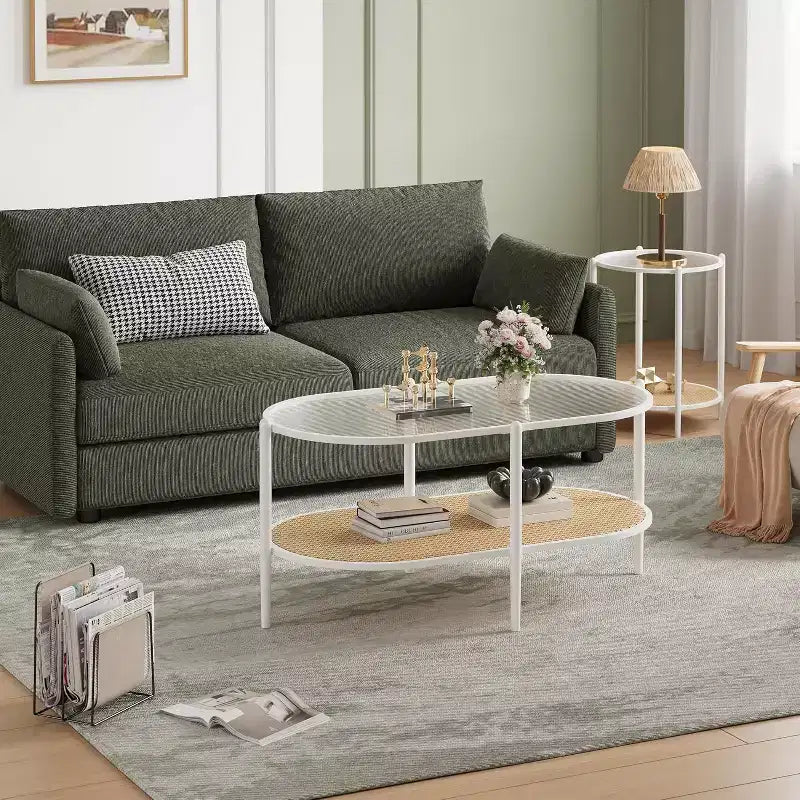 Boho Rattan Coffee Table with Glass Top,Oval 2-Tier Center Table with Metal Frame & Lower Storage Shelf,Rustic Farmhouse Accent Table for Living Room