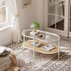 Boho Rattan Coffee Table with Glass Top,Oval 2-Tier Center Table with Metal Frame & Lower Storage Shelf,Rustic Farmhouse Accent Table for Living Room