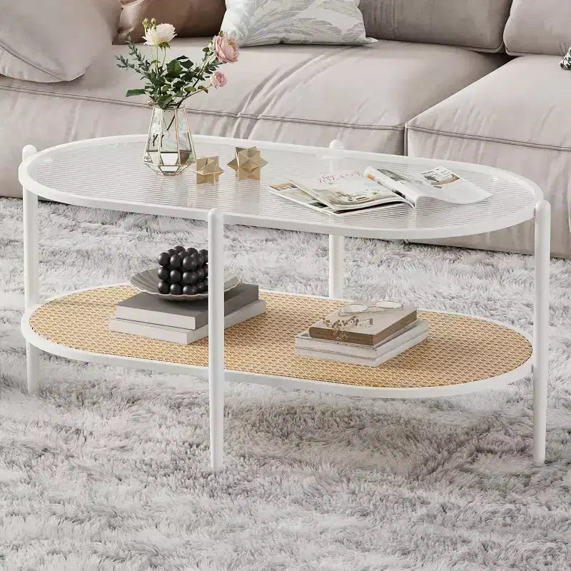Boho Rattan Coffee Table with Glass Top,Oval 2-Tier Center Table with Metal Frame & Lower Storage Shelf,Rustic Farmhouse Accent Table for Living Room