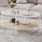 Boho Rattan Coffee Table with Glass Top,Oval 2-Tier Center Table with Metal Frame & Lower Storage Shelf,Rustic Farmhouse Accent Table for Living Room