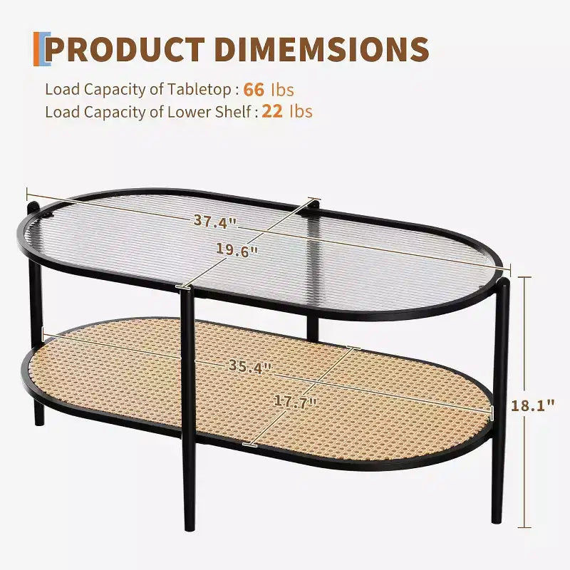 Boho Rattan Coffee Table with Glass Top,Oval 2-Tier Center Table with Metal Frame & Lower Storage Shelf,Rustic Farmhouse Accent Table for Living Room