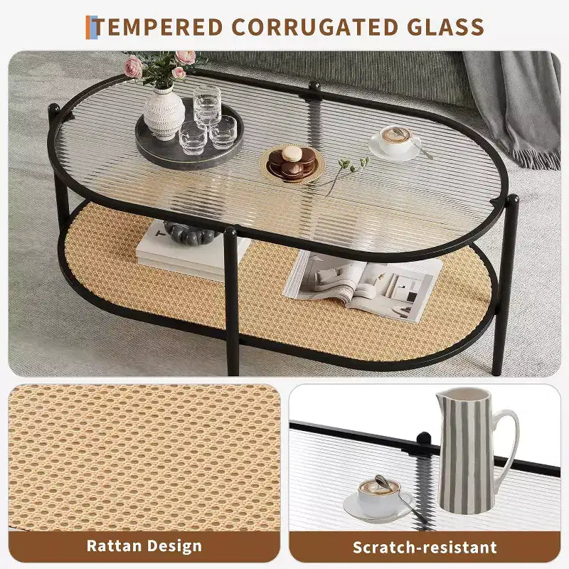 Boho Rattan Coffee Table with Glass Top,Oval 2-Tier Center Table with Metal Frame & Lower Storage Shelf,Rustic Farmhouse Accent Table for Living Room