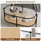 Boho Rattan Coffee Table with Glass Top,Oval 2-Tier Center Table with Metal Frame & Lower Storage Shelf,Rustic Farmhouse Accent Table for Living Room