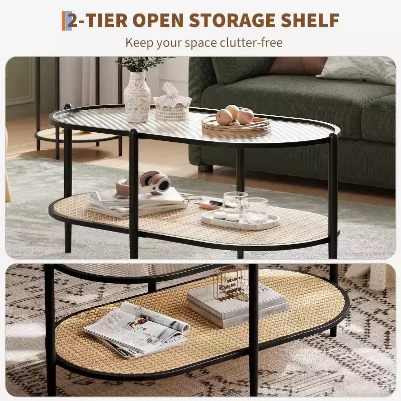 Boho Rattan Coffee Table with Glass Top,Oval 2-Tier Center Table with Metal Frame & Lower Storage Shelf,Rustic Farmhouse Accent Table for Living Room