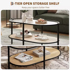 Boho Rattan Coffee Table with Glass Top,Oval 2-Tier Center Table with Metal Frame & Lower Storage Shelf,Rustic Farmhouse Accent Table for Living Room